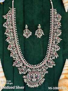 God Laxmi Pendant Guttapasalu Oxidised Silver Long Necklace Fancy Party Wear Temple <b>Jewellery</b> Ethnic <b>Indian</b> Womens Necklace <b>Set</b> - Product Image 4