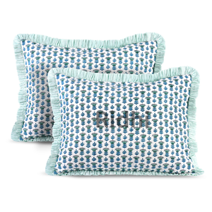 Ensemble de housses de coussin lombaire à volants bleu aquamarine 20x26, imprimé à la main, motif floral, coton, pour canapé, lit, cadeau de mariage, décoration occidentale - Product Image 1