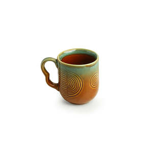 Peacock Boulevard Hand-Engraved <b>Ceramic</b> Coffee Tea <b>Cups</b> Modern 180 ML Microwave Safe Set of 6 Caramel Brown & Sea Green India - Product Image 3