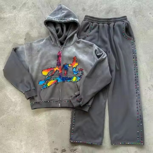 Strass Brodé Lavage À L'acide Coton Mélange Survêtements Athlétique Hommes Femmes Unisexe Streetwear Soleil Délavé Survêtements Ensembles - Product Image 1