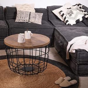 Big <b>Round</b> Coffee <b>Table</b> With Wooden <b>Tray</b> Top and Black Powder Coated Metal Frame Industrial Vintage <b>Table</b> for Living Room - Product Image 5