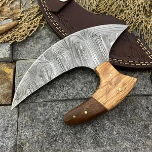 Cuchillo Ulu de hoja fija individual de acero de Damasco hecho a mano con Funda de cuero mango de madera de olivo herramienta de cocina a la venta - Product Image 3