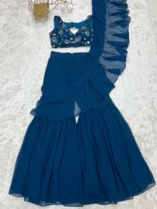 Sharara de estilo pakistaní de alta calidad con blusa de trabajo bordada pesada, Saree Sharara listo para usar de diseñador, Sari de fiesta - Product Image 3