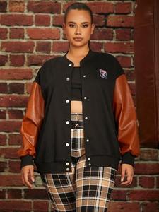 Veste de baseball varsity pour femmes, taille plus, 100% laine, coupe-vent, respirante, avec manches en cuir, broderie, veste décontractée - Product Image 4