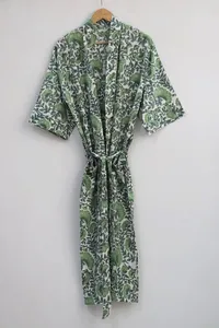 Bata Larga Verde con Estampado Floral para Mujer, Manga Tres Cuartos, Estilo Casual, Cierre con Cordón, Algodón Estampado - Product Image 2