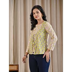 Haut asymétrique en coton vert imprimé à la main pour femme, col à volants, longueur longue, taille XL, brodé, en popeline unie tricotée - Product Image 4