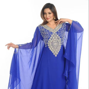 สีน้ำเงิน zari ทำงาน georgette อิสลามงานปาร์ตี้สวมหินและลูกปัดฝัง Kaftan อาหรับ - Product Image 1