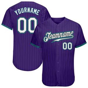 Ropa de equipo personalizada superventas, camiseta de béisbol auténtica morada y negra a rayas en blanco y verde azulado personalizada - Product Image 1