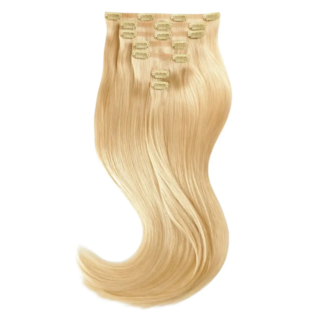 Açık sarı düz klip-in saç ekleme süper çift çizilmiş saç 24 inç süper dayanıklı makul fiyat