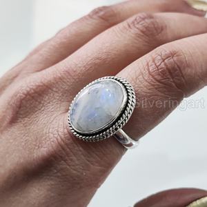 Anillo de mujer, piedra lunar de arcoíris Natural, piedra preciosa, piedra natal de junio, banda Simple, joyería de declaración Vintage, anillo de Plata de Ley 925 - Product Image 2