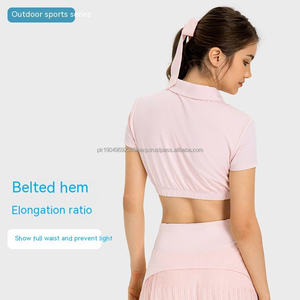 Sustitutos Nueva Camiseta de manga corta de Yoga de cuello polo acanalado de punto azul claro de verano para mujer - Product Image 3