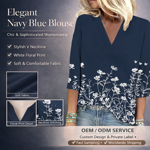 Chemisiers Bohèmes à Manches 3/4 pour Femmes, Imprimés Floraux, Col en V, Blouses Décontractées <span class=keywords><strong>Chic</strong></span>, T-shirts Graphiques, Chemises d'Été pour les Vacances - Product Image 1