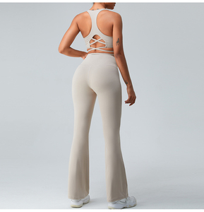 Motif solide respirant pour femmes 2 pièces vêtements de yoga taille haute pantalon à jambes larges avec fermeture élastique pour la course à pied Sports et entraînements - Product Image 2