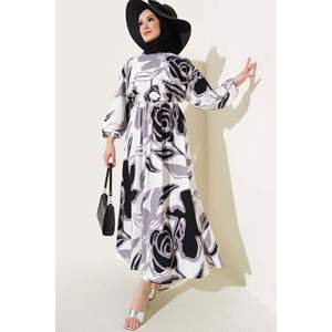 ชุดเดรสเข็มขัดเอวยางยืดลายใบไม้สีดำ - Product Image 3