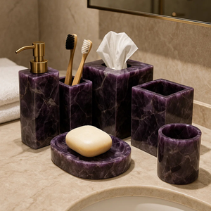 Juego de 6 Accesorios de Baño Modernos y Ecológicos de Amatista Real, Dispensador de Jabón de Cristal Curativo, Bandeja, Tarro, Zen Spa Sanctuary - Product Image 3