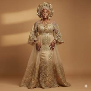 Nouveau Tissu Traditionnel Nigérian George en Soie avec Broderie de Perles et Pierres Dorées, Ensemble de Wraps Faits Main pour Mariage Aso Ebi 120 GSM - Product Image 1