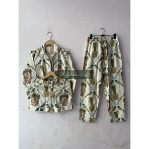 Women's Breathable Unisex Cotton 3-Piece <b>Pyjama</b> Set Summer Breathable Knitted Shirt <b>Trouser</b> Shorts Fruits Print Plus Size - Product Image 2