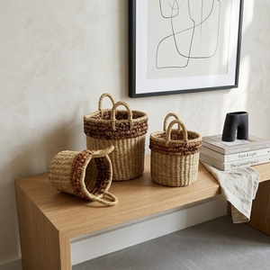 Natural Water Hyacinth Recycled <b>Plastic</b> Storage <b>Basket</b> Set Brown Beaded Rim Arch Handle Pot Planter Setup Pure Art Design - Product Image 6