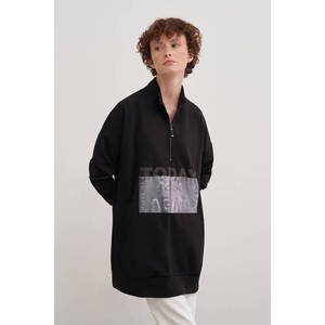 เสื้อถักซิปสีดำสไตล์วินเทจสำหรับผู้หญิง-ทรงหลวมแขนสั้น - Product Image 3