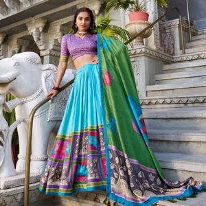 Mariage moderne en soie Kalamkari imprimé Tussar Lehenga Choli longueur au sol Gotta Patti dentelle bordure glands Style indien traditionnel - Product Image 1