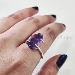 Bague pour femme en argent sterling 925 réglable, avec pierre brute naturelle d'améthyste, pierre de naissance de février, pour la création de bijoux - Product Image 4