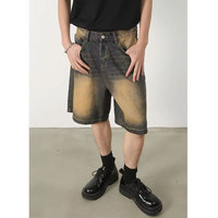 Shorts en jean décontractés pour homme, coupe droite, taille mi-haute, double épaisseur aux genoux, effet délavé soleil, en nylon/coton écologique