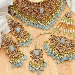 Shining American Diamond Stones Full <b>Bridal</b> Accessories Heavy Dulhan Necklace Set with 24K Gold Plating Fine Jewelry Sets - Product Image 1
