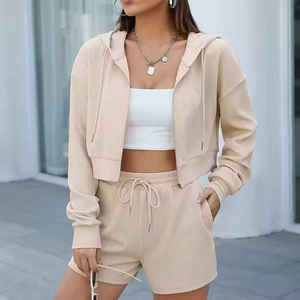 Ensemble de jogging pour femme en tissu gaufré, personnalisé, hiver, uni, avec sweat à capuche court zippé, haut court sexy, ensemble 2 pièces, short - Product Image 6