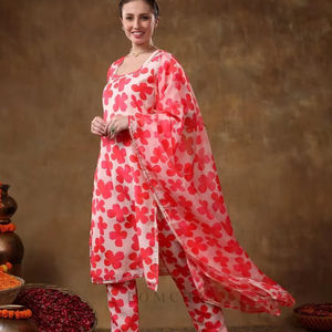 MERAKI ORANGE FLORAL PRINT MUSLIN KURTA SET ORGANZA DUPATTA Casual Cotton <b>Dresses</b> Fit Flare Half Sleeves Natural <b>Dress</b> - Product Image 1