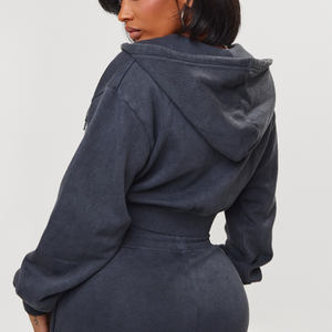 Vente en gros Charbon de bois personnalisé Goutte d'épaule femmes lavé Cargo sweat à capuche court anti-rides et respirant sweats à capuche femmes sweat à capuche zippé - Product Image 1