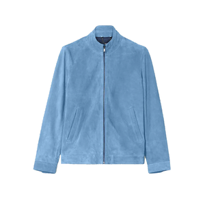 Men's Light Blue <b>Suede</b> Bomber <b>Jacket</b> Stand Collar Zipper Closure Casual Autumn Wear Regular Fit - Product Image 1