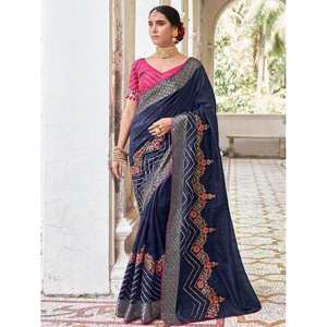 ชุดส่าหรีงานแต่งงานผ้าฝ้ายปักลายสีน้ำเงินกรมท่าสุดหรูสำหรับชุดแต่งงาน - Product Image 3