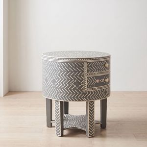 Mesa de Noche Redonda Hecha a Mano con Incrustaciones de Hueso Gris, con 2 Cajones, Mueble de Dormitorio de Lujo, Decoración para el Hogar - Product Image 5