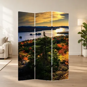 Pantalla Plegable de Lona de Doble Cara con Diseño de Atardecer Otoñal Junto al Lago - Product Image 1