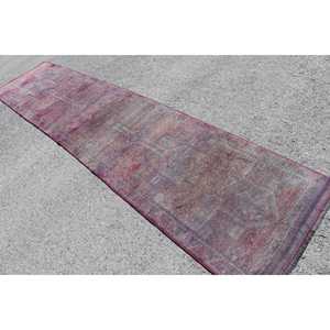 Tapis turc vintage, tapis de couloir 2,7x12,4 pieds, tapis en laine unie rose et violet - Product Image 4