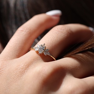 10x5mm Marquise Cut Diamond Sterling Silver 18K Gold Plated Engagement <b>Ring</b> with Marquise Side Stones | Unique Bridal Jewelry - Product Image 2
