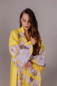 Robe col V en lin floral bohème ukrainien pour femmes jaune Ethinic brodé manches longues naturel respirant automne dos - Product Image 3