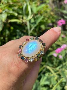 Bague en pierre de lune bleue de luxe, argent sterling 925 avec petite pierre de tourmaline, fabrication artisanale, bijoux classiques pour mariage et fête pour femmes - Product Image 3