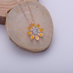IGI Certified Lab Grown Diamond Yellow Enamel <b>Daisy</b> Flower Pendant in 9K Rose / Yellow & White Gold Cute Floral Pendant - Product Image 1