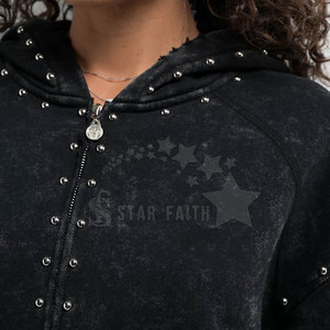Premium Women Acid Wash Rhinestone Hoodie Transpirable Street Fashion Pullover con detalles brillantes - Product Image 3