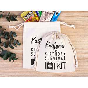 Custom Name Print Cotton <b>Drawstring</b> <b>Pouch</b> Birthday Survival Kit Gift Bags - Product Image 1