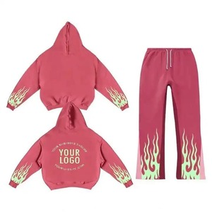 2024 Conjunto de chándal de lana con logotipo personalizado 100% Chándal de algodón para hombres Streetwear Pantalones de chándal acampanados Sudadera con capucha para el invierno - Product Image 6