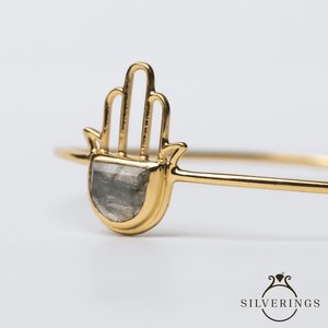 Silverings Pulsera Ajustable de Plata de Ley 925 con Hamsa de la Suerte y Labradorita Dorada con Engaste de Bisel, Regalo - Product Image 4