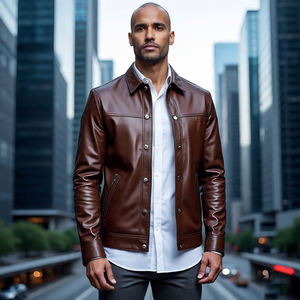 Chaquetas de cuero con cremallera completa para hombre, ropa de calle para exteriores, cuello vuelto | Chaquetas de cuero Pu de piel de oveja lisa con bolsillos delanteros para hombre - Product Image 5