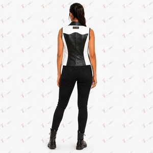 Gilet de motard en cuir PU noir et blanc pour femme avec fermeture éclair, col cranté et design color block – Vêtement d'extérieur - Product Image 5
