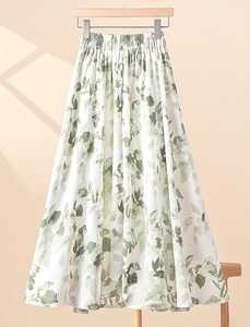 Jupe mi-longue trapèze en rayonne à imprimé floral pour femmes, jupe longue brodée en mousseline florale à taille élastique pour printemps - Product Image 3