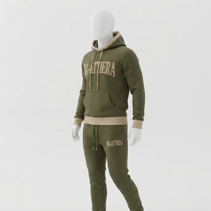 <b>Mens</b> Olive Green Hoodie Tracksuit Set Contrast Cuff <b>Pullover</b> Sweatshirt Jogger Pants Sportswear Training Gym Fitness Activewear - Product Image 2