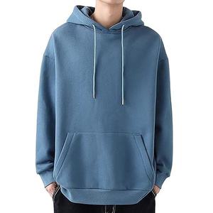 เสื้อฮู้ดดี้ผ้าฝ้ายหนาน้ำหนักมากสำหรับผู้ชาย ทรงโอเวอร์ไซส์ สีน้ำเงินล้วน แบบสวมหัว ไหล่ตก ยูนิเซ็กส์ สตรีทแวร์ ขายส่ง - Product Image 1
