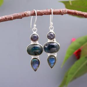 Pendientes de estilo bohemio chapados en plata de ley 925, piedras preciosas de labradorita azul a la moda, bisel Natural de piedra, aniversario - Product Image 4