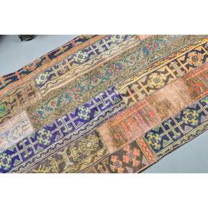 Alfombra turca azul vintage de 3,5x7,6 pies, Alfombra de lana Bohemia hecha a mano con respaldo de látex para cabecera, patrón de retazos Rectangular - Product Image 5